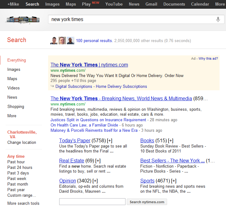 Web site search box in Google results for the New York Times