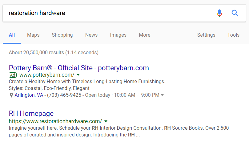 Pottery Barn Bids on Restoration Hardware keywords