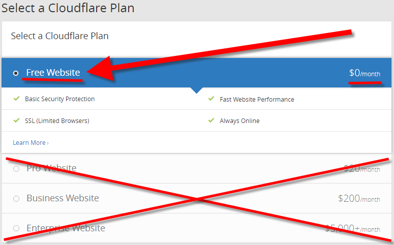 Select the Free Cloudflare Website account option first instead of Pro or Business